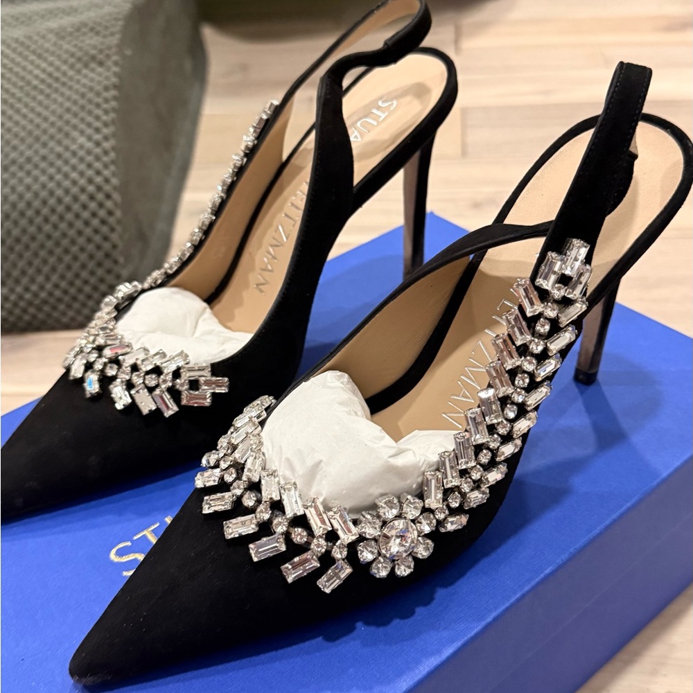Stuart Weitzman Black Crystal Slingback Heels